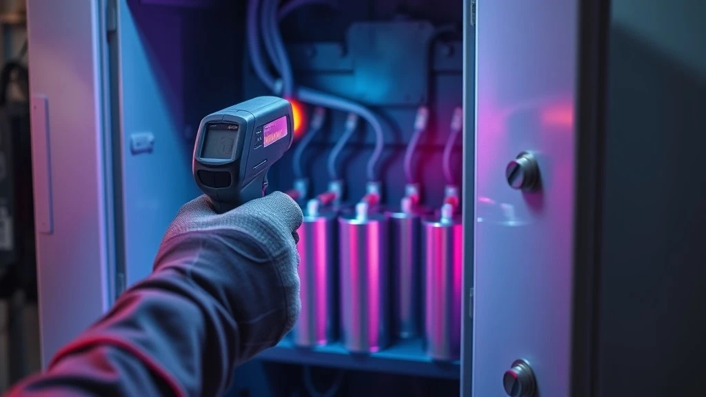 A technician uses an infrared thermometer to check the temperature of capacitors inside a drive cabinet A technician uses an infrared thermometer to check the temperature of capacitors inside a drive cabinet
