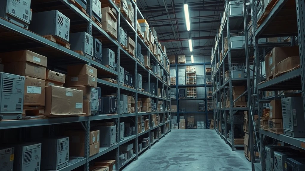Rows of spare variable frequency drives sit on warehouse shelving some with a visible layer of dust from long-term storage Rows of spare variable frequency drives sit on warehouse shelving some with a visible layer of dust from long-term storage