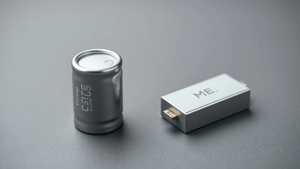 A cylindrical aluminum electrolytic capacitor placed beside a flatter film capacitor for size and shape comparison A cylindrical aluminum electrolytic capacitor placed beside a flatter film capacitor for size and shape comparison